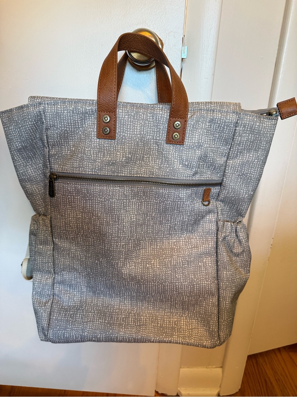 thirty-one Gray Patterned Convertible Tote Backpack with Brown Handles